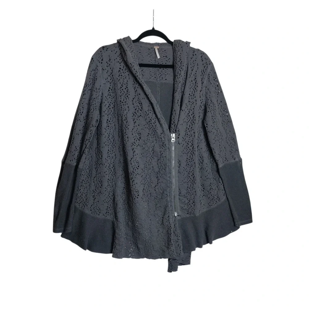 Free People Women Charcoal Gray Crochet Lace Asymmetrical Zip Hooded Cardigan M